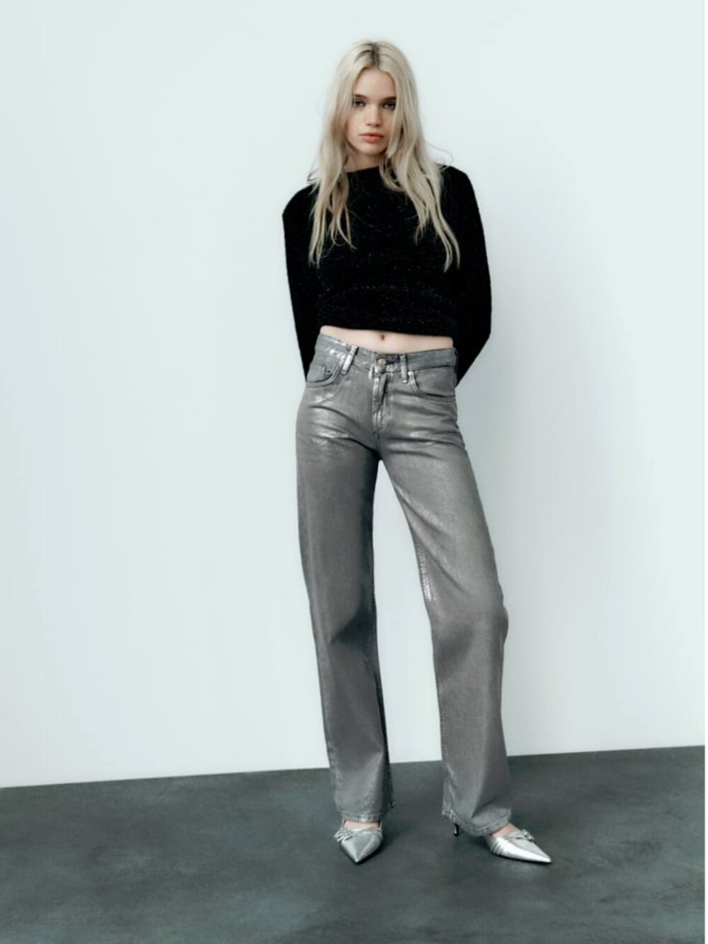 NWOT Zara metallic mid rise wide leg full length jeans, US 4